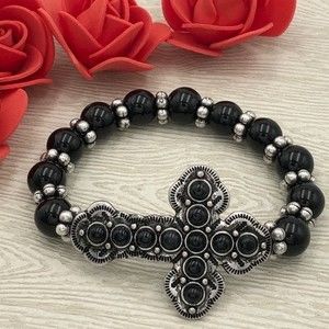 🌼 Black Sideways Cross Beaded Stretch Bracelet